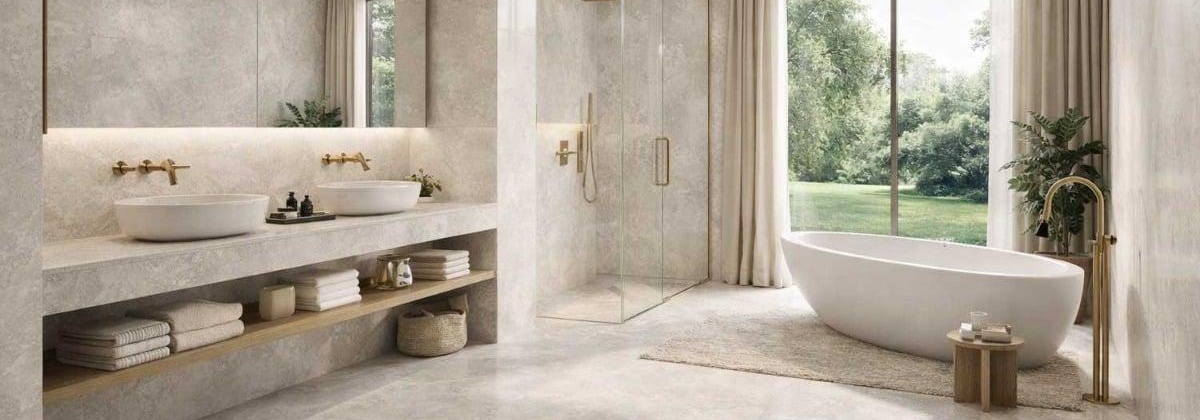 Modern bathroom with porcelain tile flooring installed in Edmonton