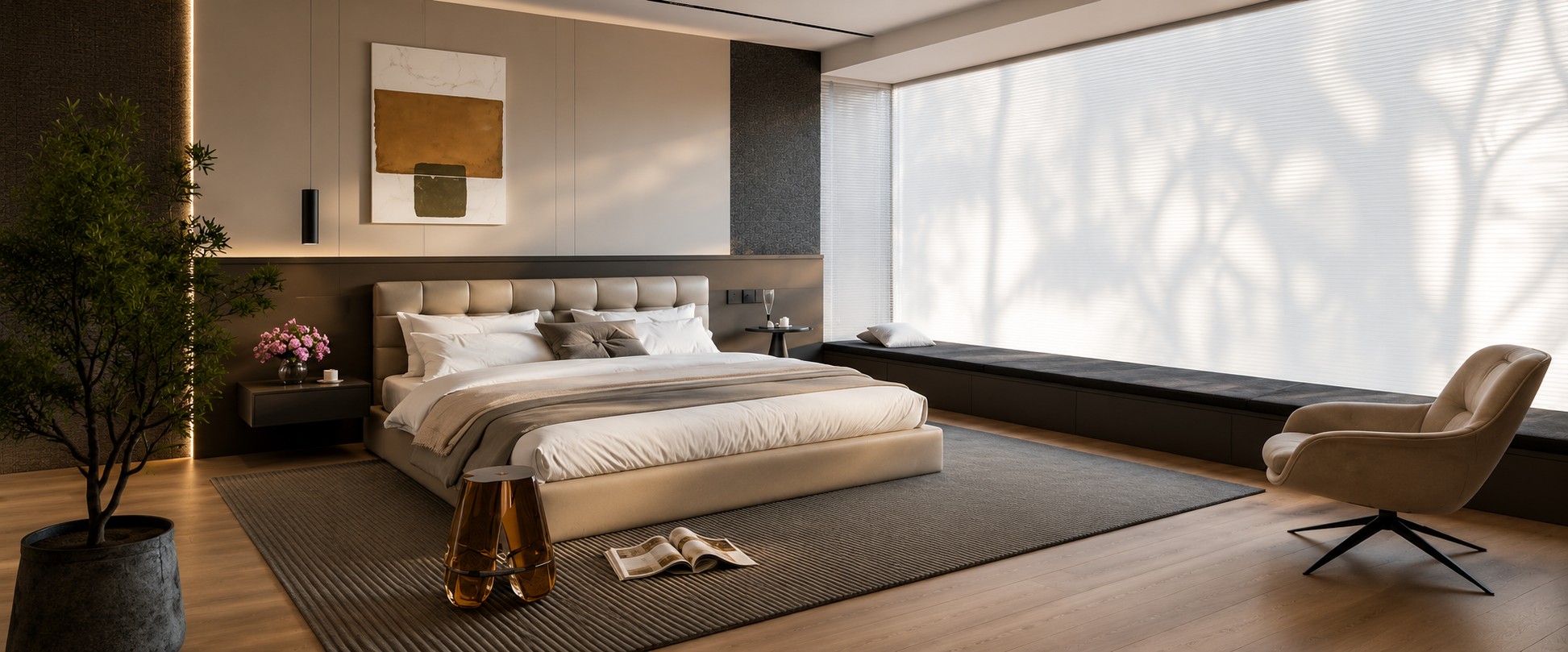 Hardwood Flooring Installation in Modern Bedroom | Edmonton Flooring Ltd. Modern bedroom with professionally installed light oak hardwood flooring by Edmonton Flooring Ltd.