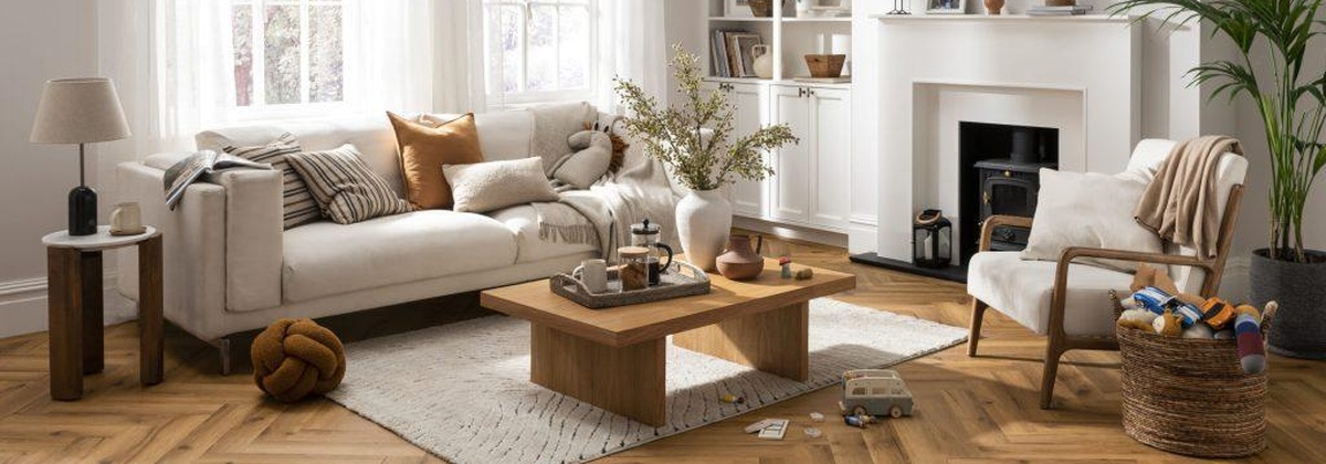 Modern living room with professionally installed hardwood flooring in Edmonton