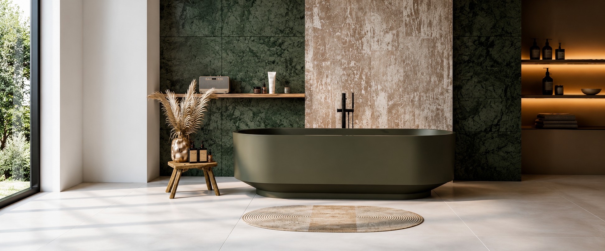 Luxury Bathroom Tile Installation | Edmonton Flooring Ltd. Luxury bathroom featuring large-format porcelain tile flooring and stone-look wall tiles professionally installed by Edmonton Flooring Ltd.