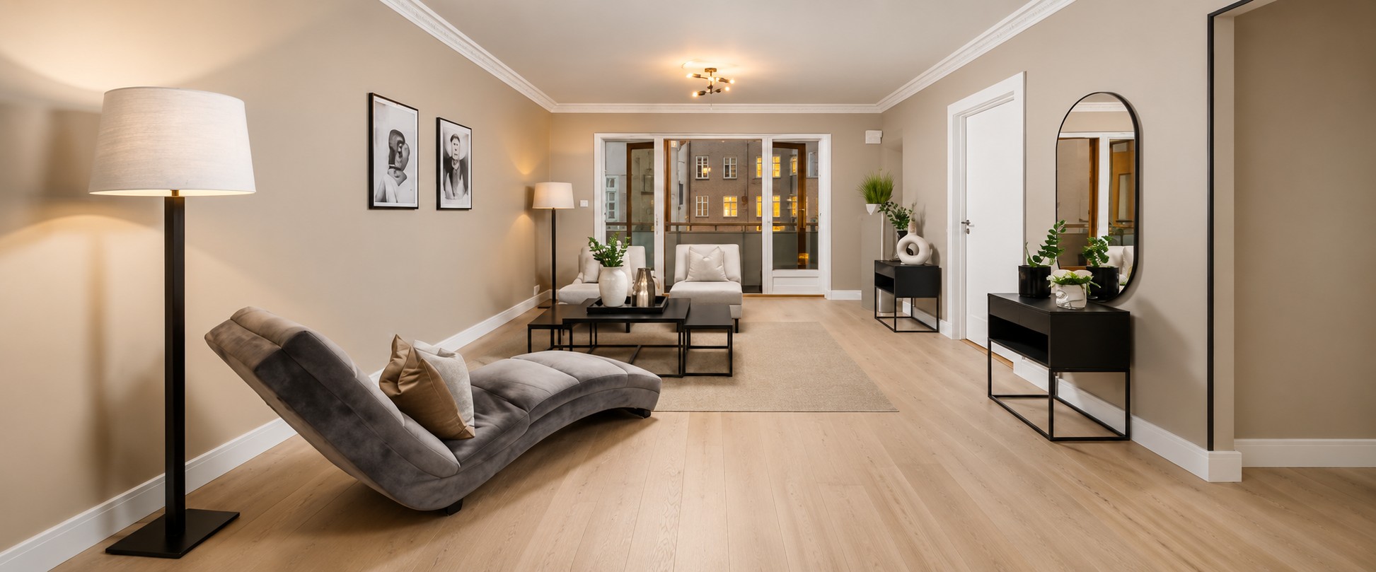 Luxury Vinyl Plank Flooring Installation | Edmonton Flooring Ltd. Modern living room with professionally installed light oak luxury vinyl plank flooring by Edmonton Flooring Ltd.