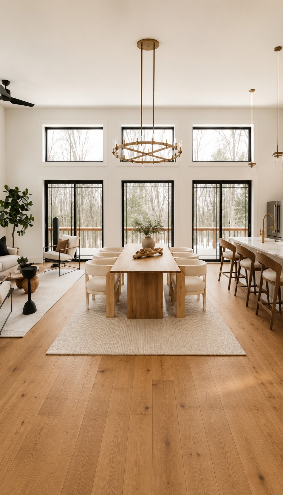 Modern Open-Concept Hardwood Flooring | Mobile Hero Modern open-concept home with light oak hardwood flooring, dining area, living room, and kitchen by Edmonton Flooring Ltd.
