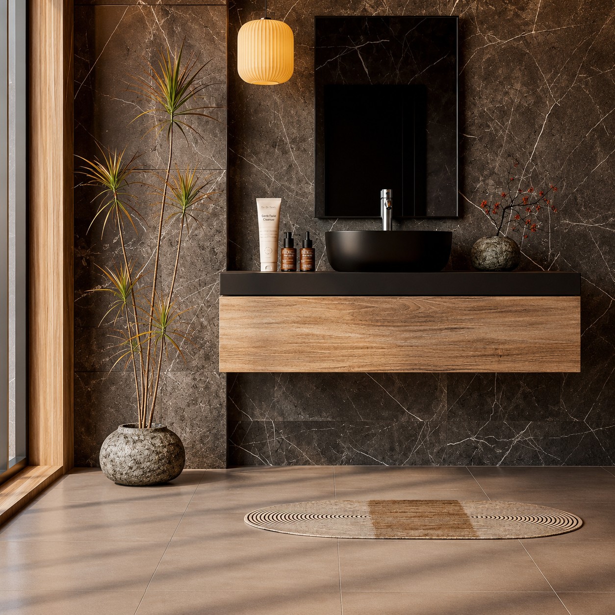 Modern bathroom featuring large-format porcelain floor and wall tiles professionally installed by Edmonton Flooring Ltd.